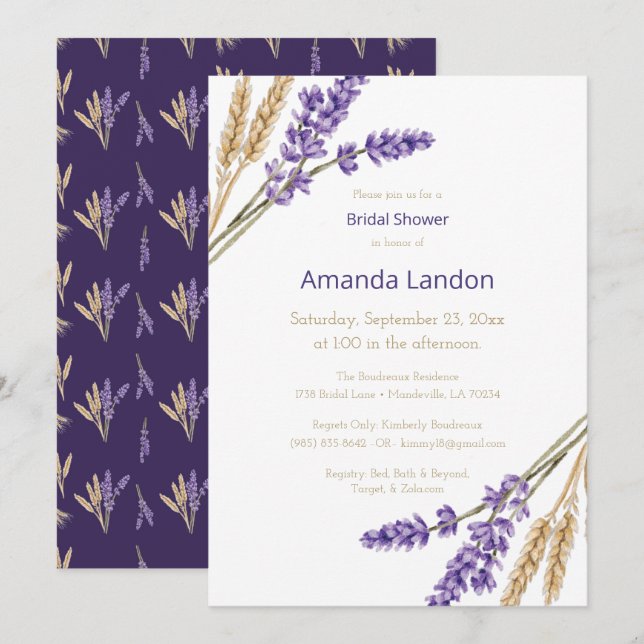 Invitación Hermosa ducha de novias de lavanda y trigo (Anverso / Reverso)