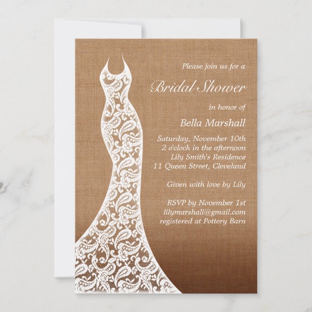 Invitación Hermosa ducha de novias Lace & Ombre Burlap Invita (Anverso)