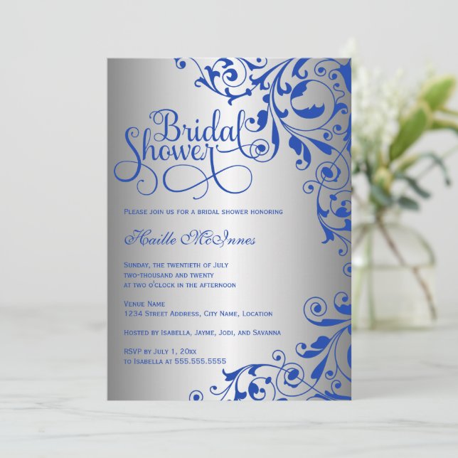 Invitación Hermosa ducha de novias Royal Blue and Silver Swir (Anverso de pie)