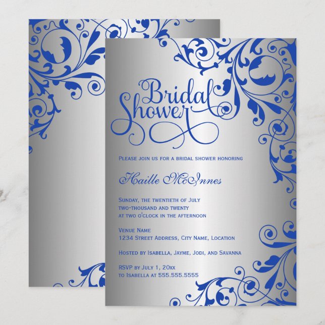 Invitación Hermosa ducha de novias Royal Blue and Silver Swir (Anverso / Reverso)