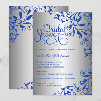 Invitación Hermosa ducha de novias Royal Blue and Silver Swir