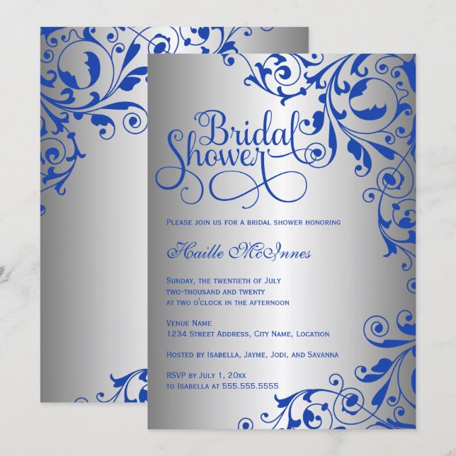 Invitación Hermosa ducha de novias Royal Blue and Silver Swir (Anverso / Reverso)