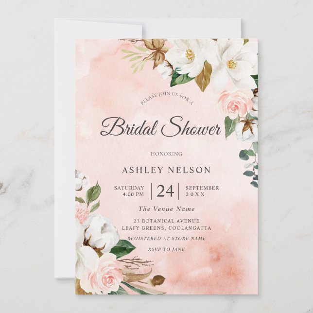 Invitación Hermosa ducha de novias Rubor & White Flowers (Anverso)