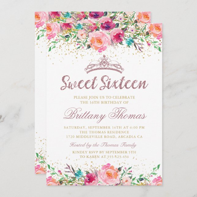 Invitación Hermosa Dulce Floral Rosa Dieciséis Años (Anverso / Reverso)