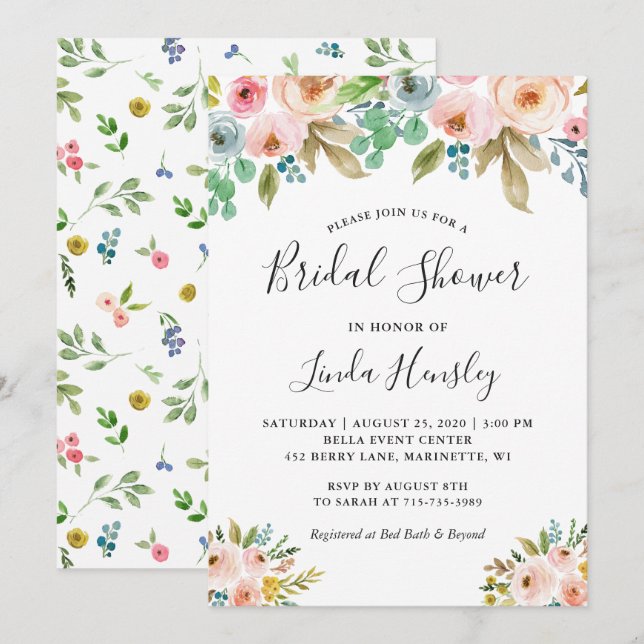 Invitación Hermosa elegancia acuarela Floral Bridal Ducha (Anverso / Reverso)