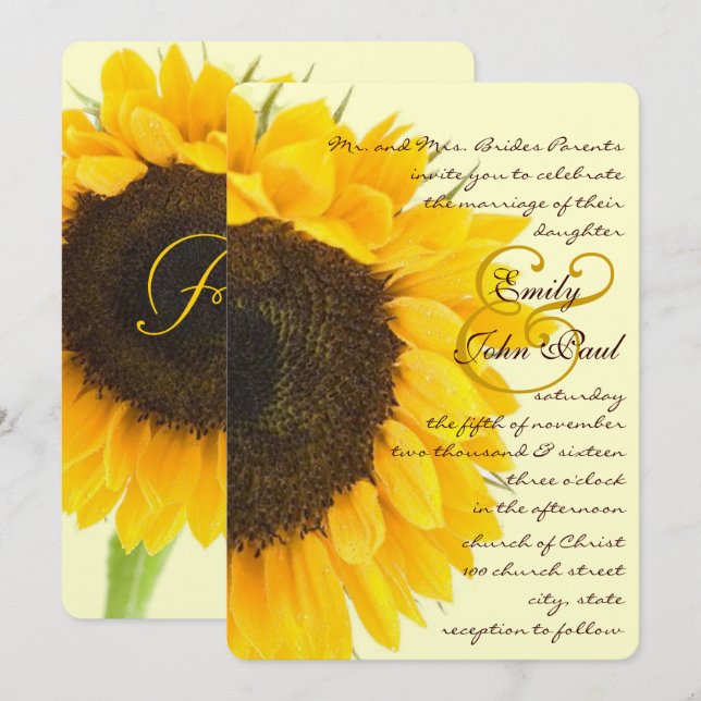 Invitación Hermosa elegancia amarilla Boda girasol (Anverso / Reverso)