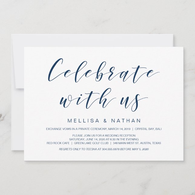Invitación Hermosa elegancia, azul de la marina, elopamiento  (Anverso)