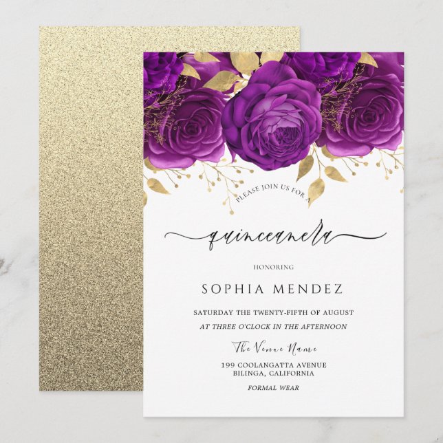 Invitación Hermosa espuma floral púrpura y dorada Quinceanera (Anverso / Reverso)