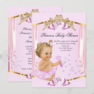 Invitación Hermosa Fiesta de Bebé Princesa Rosa Dorado Rubia
