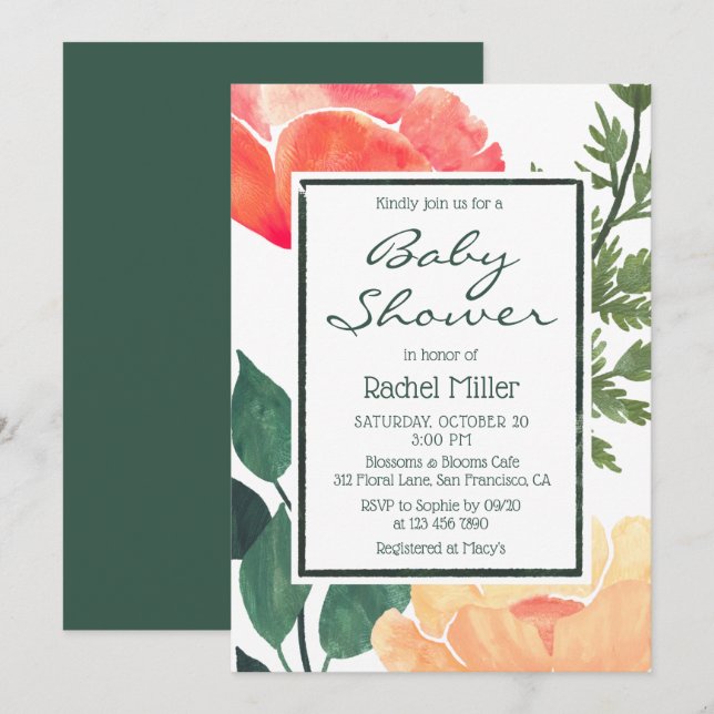 Invitación Hermosa Fiesta de Bienvenida de Flores Acuarela Ro (Anverso / Reverso)