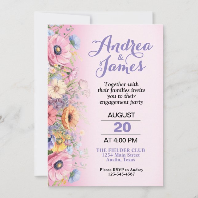 Invitación Hermosa fiesta de compromiso de flores pasteles (Anverso)
