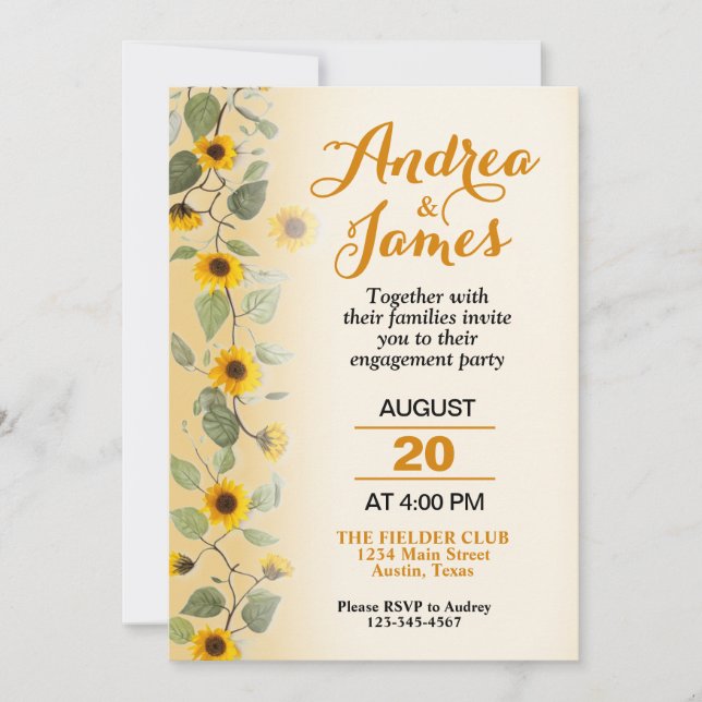 Invitación Hermosa fiesta de compromiso de girasoles (Anverso)