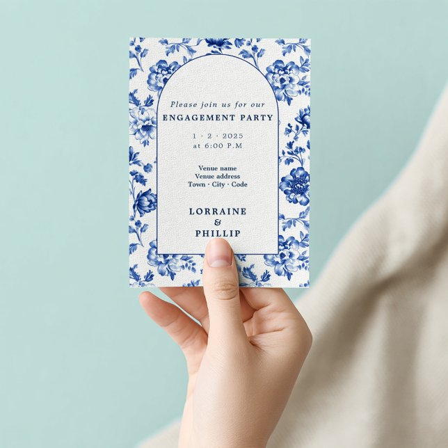 Invitación Hermosa fiesta de compromiso floral con arco de so (Delftware arch, blue and white engagement invitation)