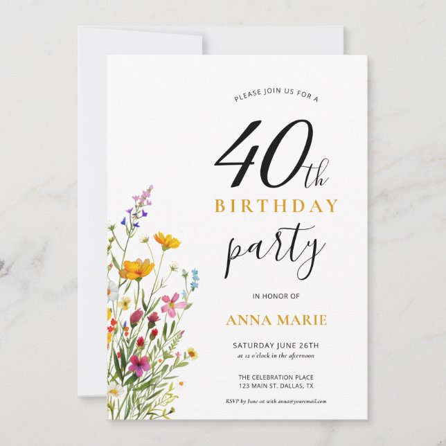 Invitación Hermosa fiesta de cumpleaños 40 floral (Anverso)