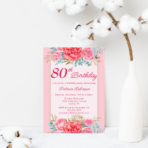 Invitación Hermosa fiesta de cumpleaños 80 de Coral Pink Flor