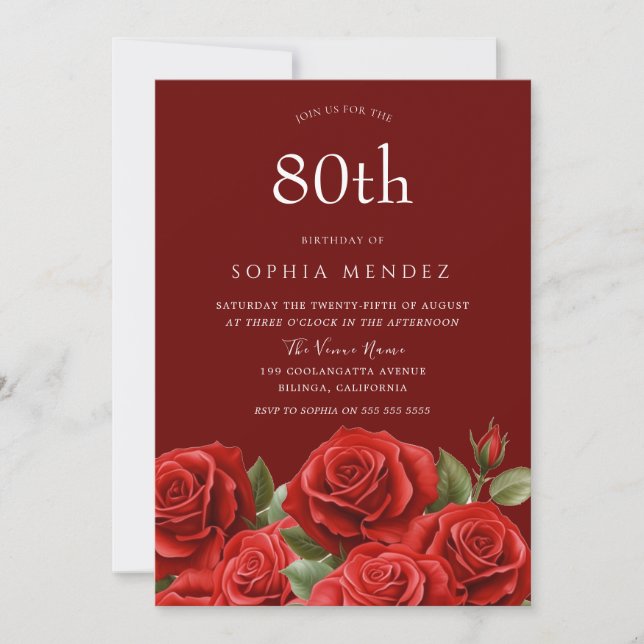 Invitación Hermosa fiesta de cumpleaños 80 de las Rosas Rojas (Anverso)