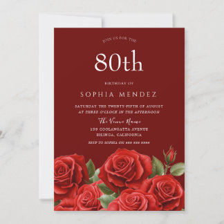 Invitación Hermosa fiesta de cumpleaños 80 de las Rosas Rojas