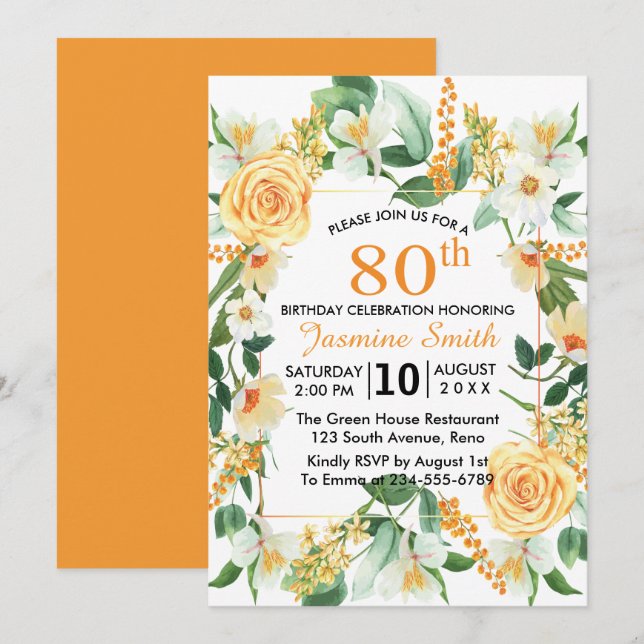 Invitación Hermosa fiesta de cumpleaños 80 Naranja Floral (Anverso / Reverso)