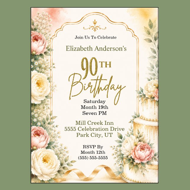 Invitación Hermosa Fiesta de Cumpleaños 90 de Peonía (Beautiful Peony Flower 90th Birthday Invitation For Women.)