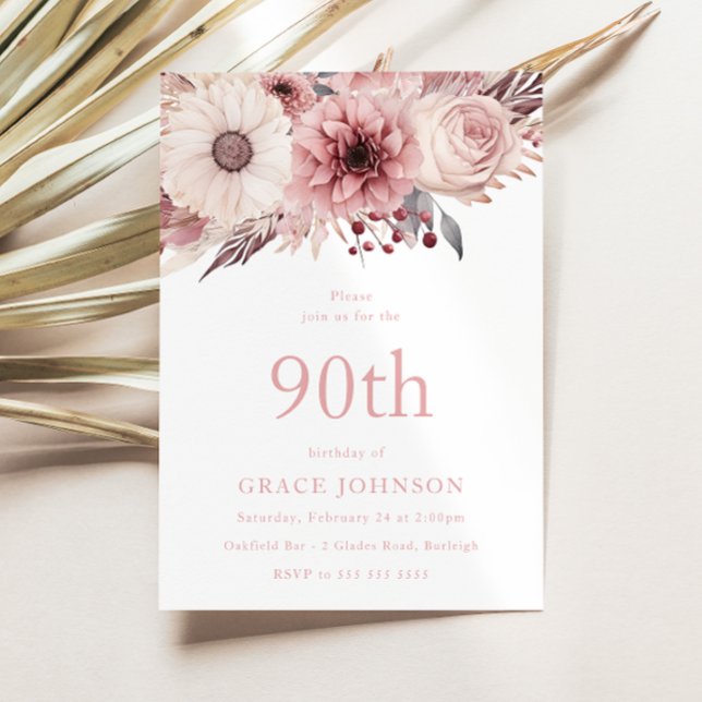 Invitación Hermosa fiesta de cumpleaños 90 de Rubor Boho Flor (Subido por el creador)