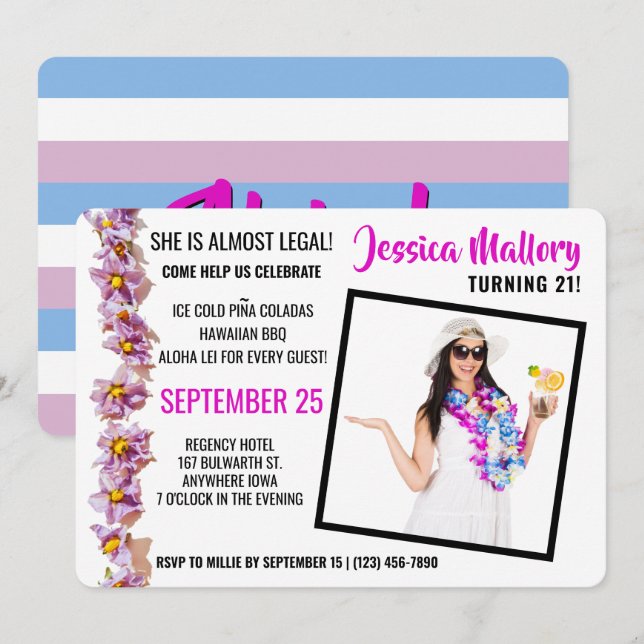 Invitación Hermosa fiesta de cumpleaños de Aloha Rosa y Azul (Anverso / Reverso)