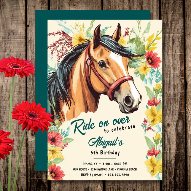 Invitación Hermosa fiesta de cumpleaños de caballos y flores  (Beautiful Horse and Wildflower Birthday Party Invitation)