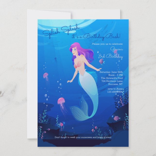 Invitación Hermosa fiesta de cumpleaños de Sirena (Anverso)