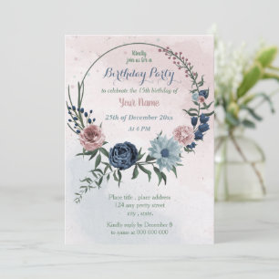 Invitación hermosa fiesta de cumpleaños floral azul rosa
