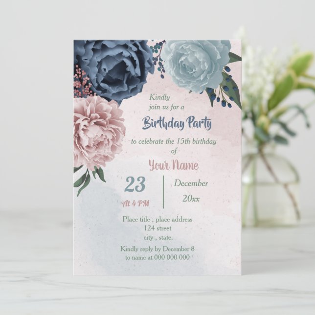Invitación hermosa fiesta de cumpleaños floral azul rosa (Anverso de pie)