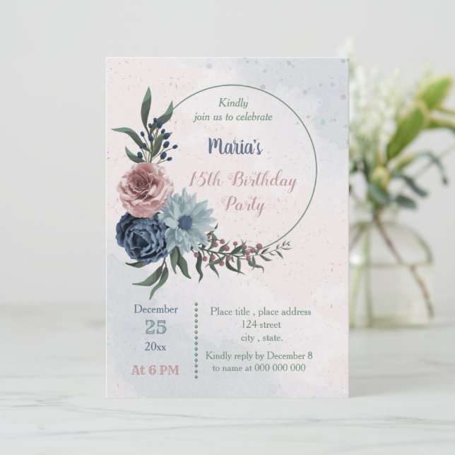 Invitación hermosa fiesta de cumpleaños floral azul rosa (Anverso de pie)