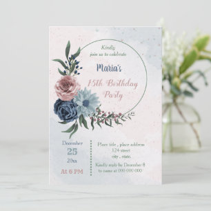 Invitación hermosa fiesta de cumpleaños floral azul rosa