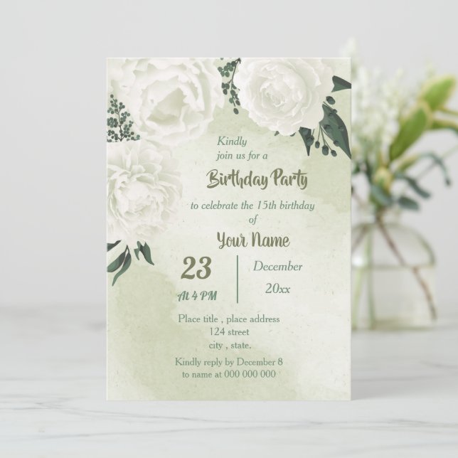 Invitación hermosa fiesta de cumpleaños floral blanca (Anverso de pie)
