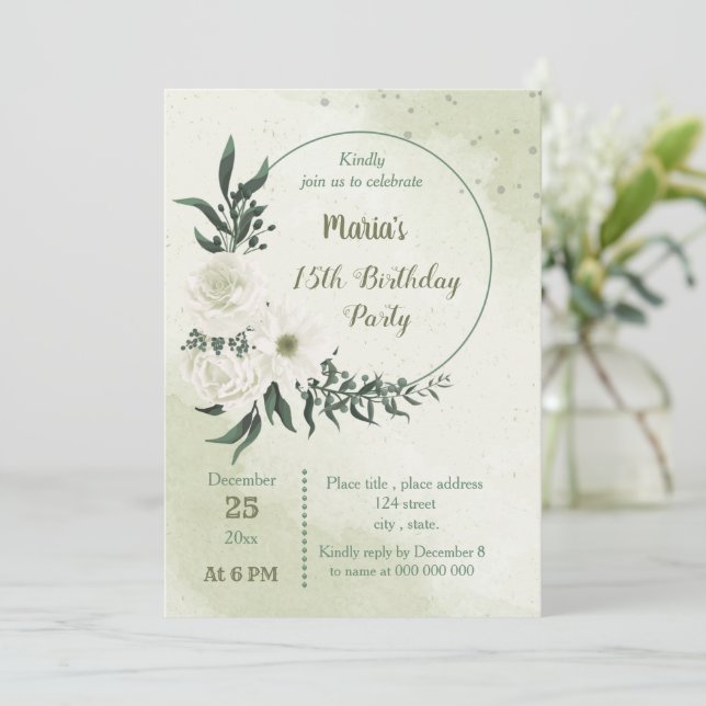 Invitación hermosa fiesta de cumpleaños floral blanca (Anverso de pie)