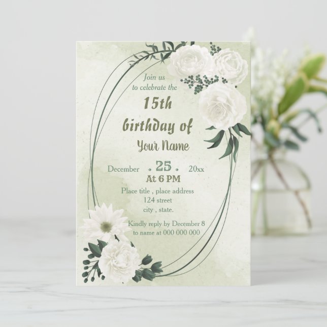 Invitación hermosa fiesta de cumpleaños floral y geométrica (Anverso de pie)