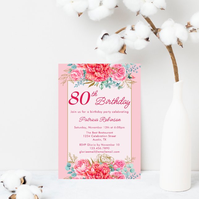 Invitación Hermosa Fiesta de Cumpleaños número 80 con Flores  (Subido por el creador)
