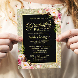 Invitación Hermosa fiesta de graduación de floral Gold Sparkl