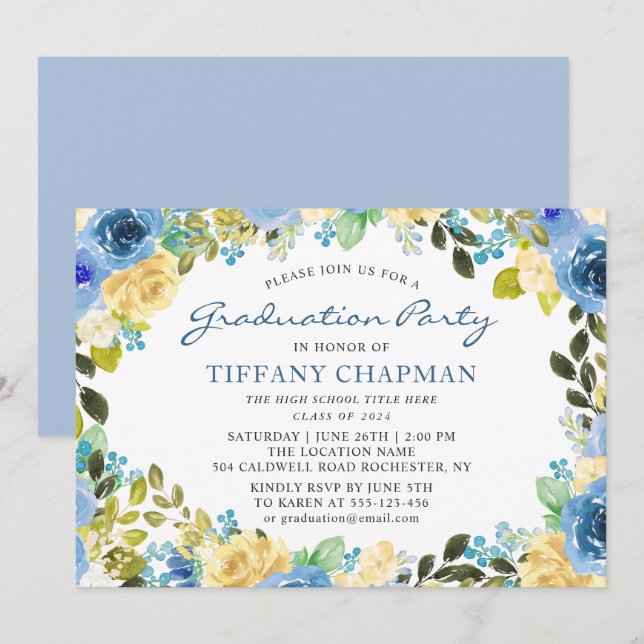 Invitación Hermosa fiesta de graduación floral de amarillo az (Anverso / Reverso)
