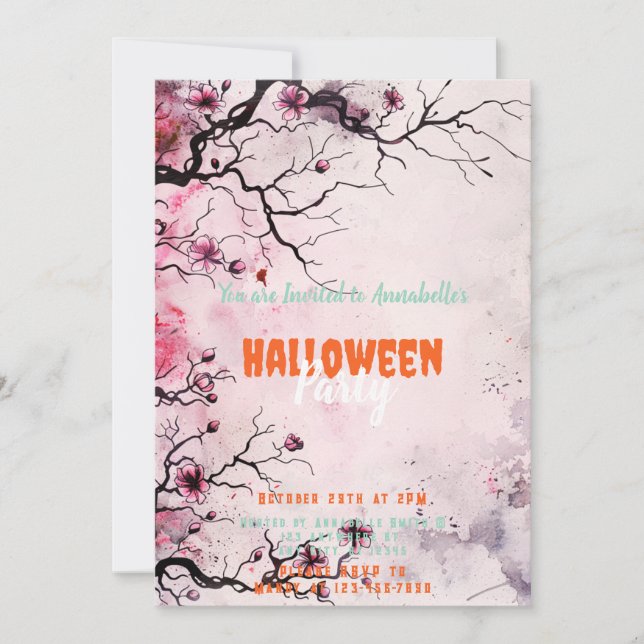Invitación Hermosa fiesta de halloween rosa de árbol floral (Anverso)