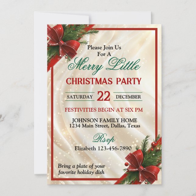 Invitación Hermosa fiesta de Navidad con lazo y cinta rojos (Anverso)