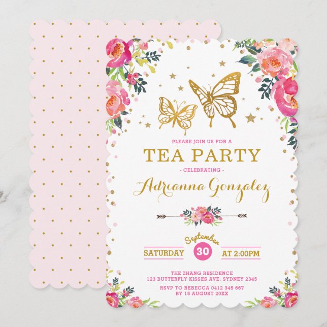 Invitación Hermosa fiesta de té floral acuarela de mariposa (Anverso / Reverso)