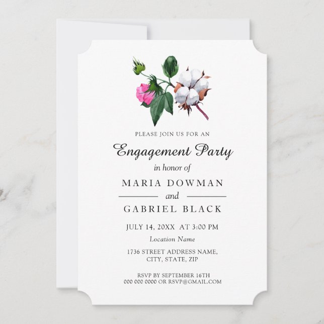 Invitación Hermosa flor de algodón en flor. Parte de compromi (Anverso)