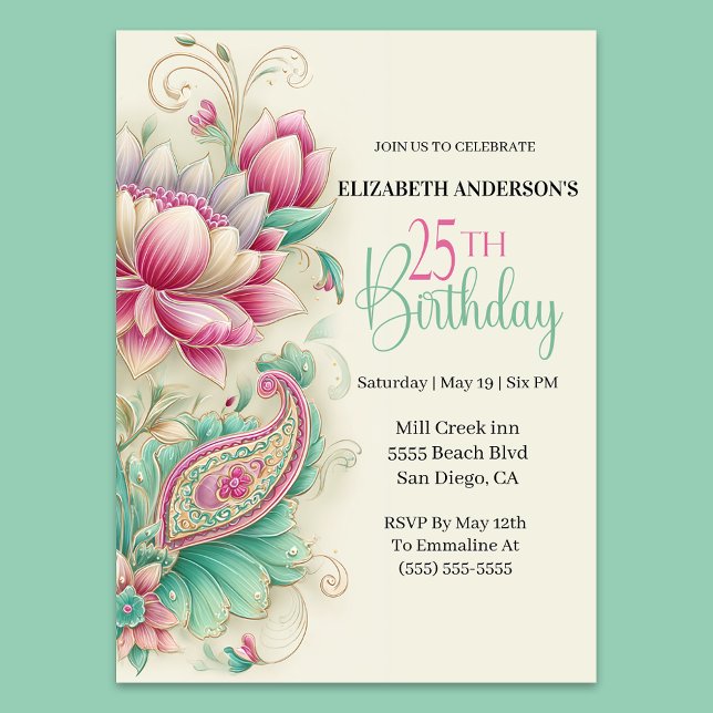 Invitación Hermosa Flor de Paisley de Lujo Cumpleaños 25 (Subido por el creador)
