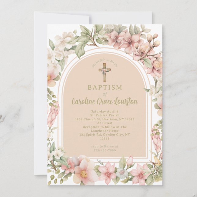 Invitación Hermosa Flor Rosa Evergreen Bautismo Católico (Anverso)