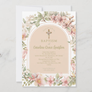 Invitación Hermosa Flor Rosa Evergreen Bautismo Católico