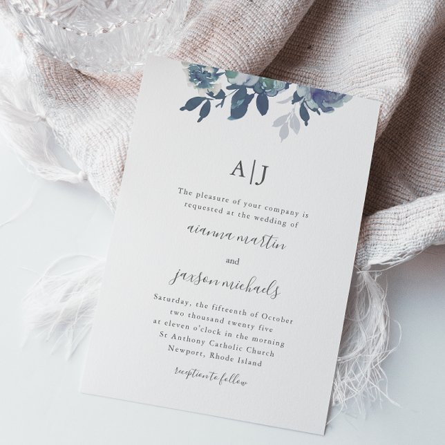 Invitación Hermosa Floral Azul con Boda fotográfico monograma (Subido por el creador)
