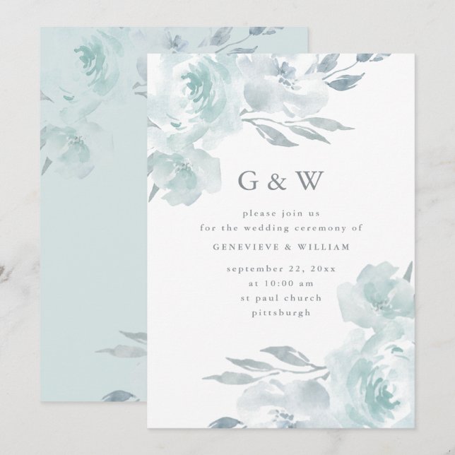 Invitación Hermosa Floral Azul con Monogramos Boda (Anverso / Reverso)