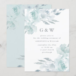Invitación Hermosa Floral Azul con Monogramos Boda