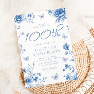 Invitación Hermosa floral azul encantada Cumpleaños 100