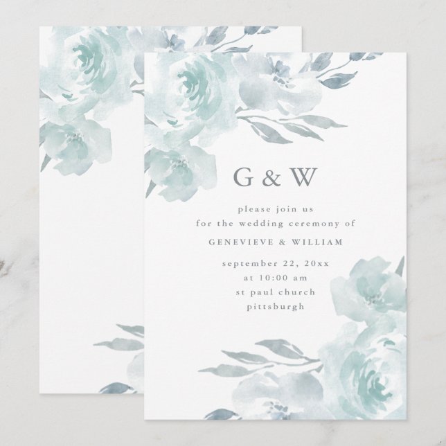 Invitación Hermosa Floral Azul sobre Monograma Blanco Boda (Anverso / Reverso)