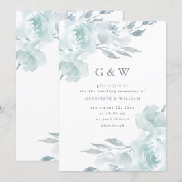 Invitación Hermosa Floral Azul sobre Monograma Blanco Boda